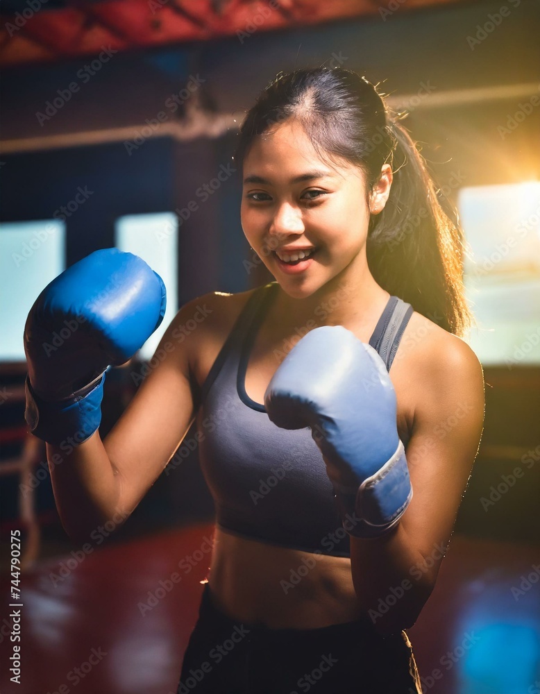 A strong woman training boxing at gym