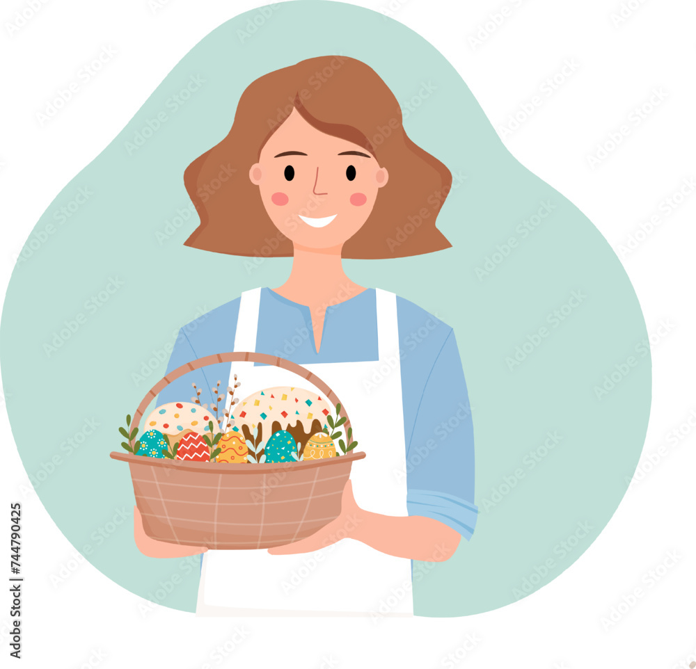 Woman with Easter basket with panettone, eggs with ornament, green leaves and willow sprigs. Happy Easter greeting card. Vector illustration isolated on white background Woman with Easter basket with panettone, eggs with ornament, green leaves and willow sprigs. Happy Easter greeting card. Vector illustration isolated on white background