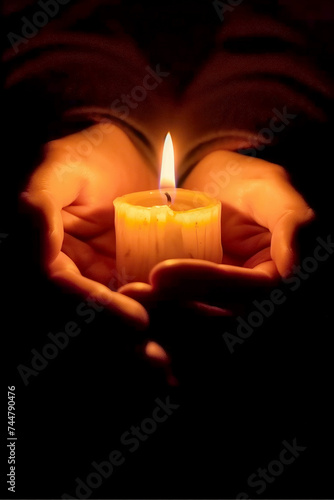 Cupped hands holding a candle in darkness. Serenity flame cradled in palms