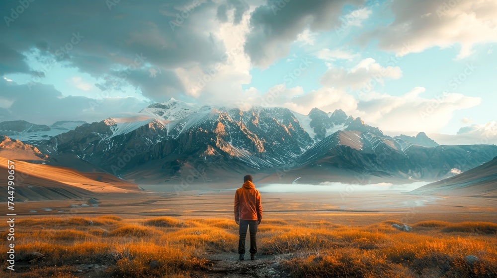 Fototapeta premium Man Standing in Field With Mountains in Background. Generative AI