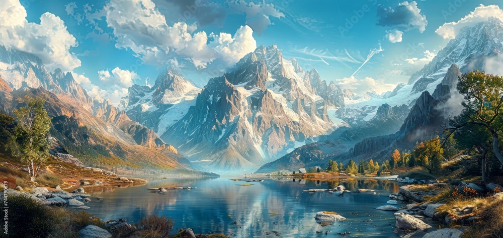 Mountain Lake Surrounded by Trees. Generative AI - obrazy, fototapety, plakaty 