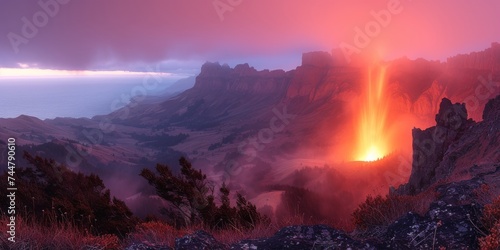 Volcanic Eruption Illuminating Twilight Sky with a Spectacular Lava Flow Amidst Rugged Terrain