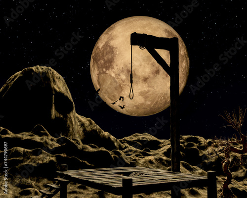 Gallow on a spooky night with a golden full moon and crows