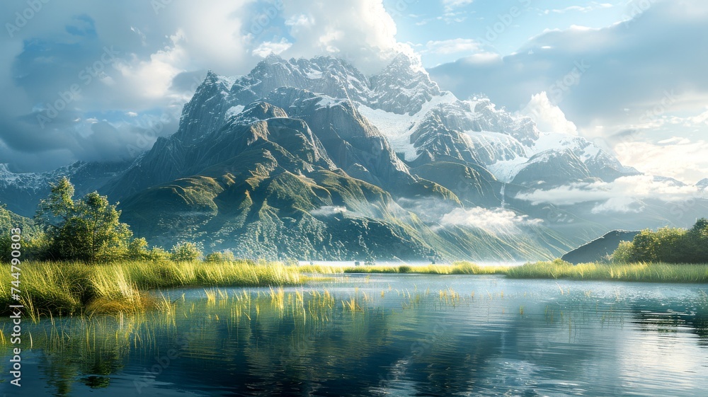 Majestic Mountain Overlooking Lake. Generative AI