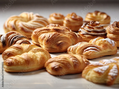 Delight in delicate pastries: croissants, danishes, palmiers. Intricate layers, flaky textures on white backdrop.