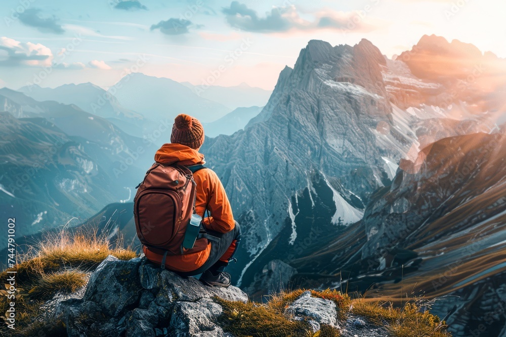 custom made wallpaper toronto digitalPerson Sitting on Top of a Mountain With Backpack. Generative AI