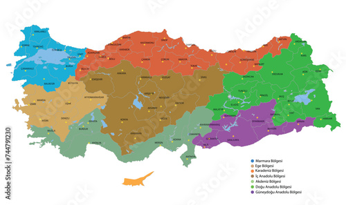 Türkiye geographical regions map. Vector image. White background.
