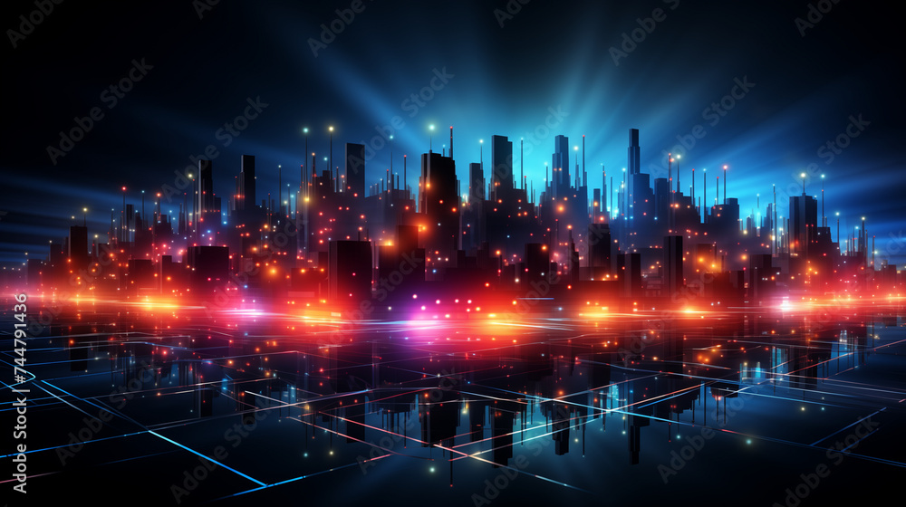 Colorful Glowy Night City with Skyscrapers Background Illustration