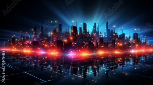 Colorful Glowy Night City with Skyscrapers Background Illustration © Original PhSt
