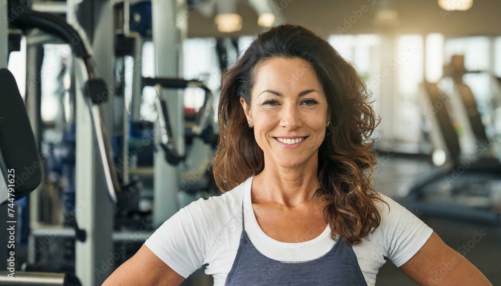  Attractive mature hispanic woman posing at a gym looking at the camera - obrazy, fototapety, plakaty 
