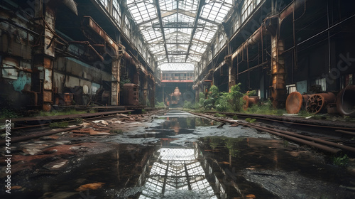  abandoned steel plant with puddles in the middle photo