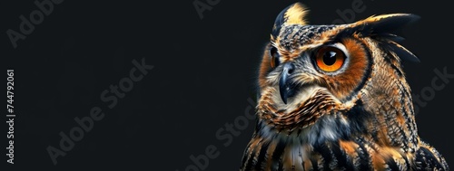 Fotografie a large golden owl sitting on the ground on a black background Generative AI