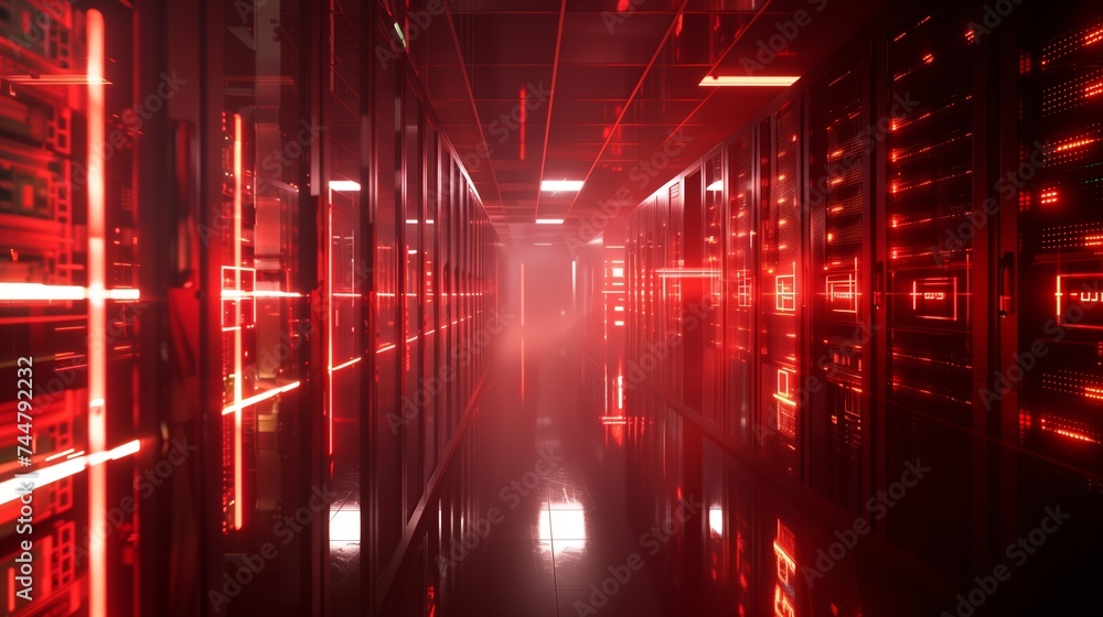 Fototapeta premium Futuristic Server Room Illuminated by Red Neon Lights at Night