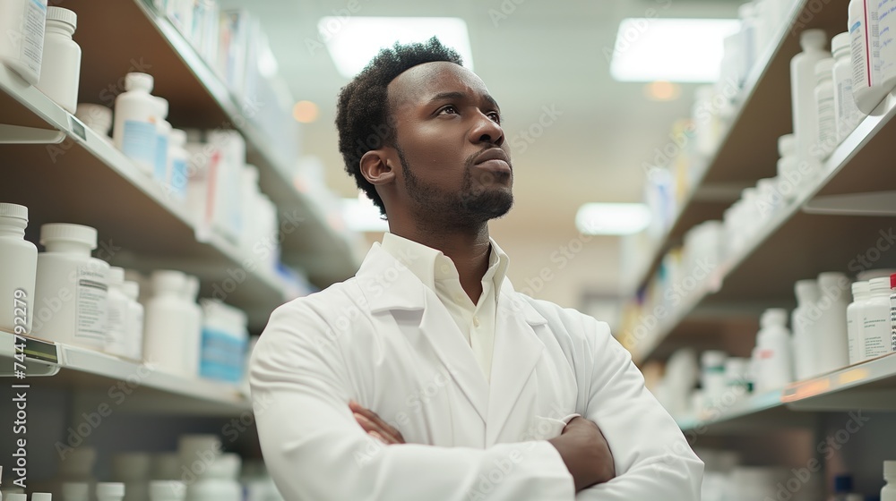 Man Standing in Pharmacy Aisle With Arms Crossed