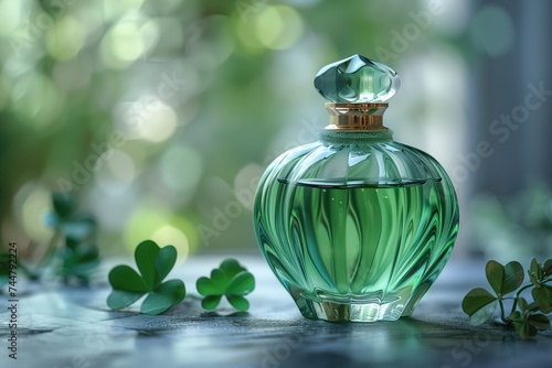 Luxurious green perfume bottle on a surface with clover leaves, highlighted by soft, natural light.