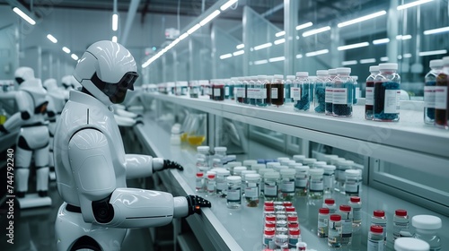 Robot Working in Pharmaceutical Factory With Bottles