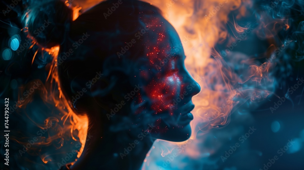 Womans Face Illuminated by Fire