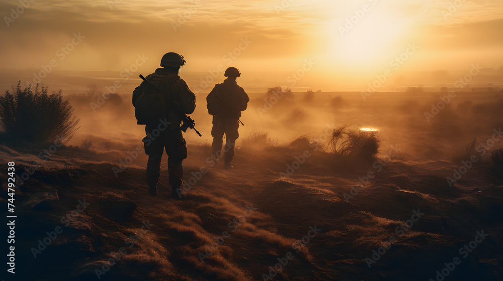  model soldiers standing around on the ground at a sunset