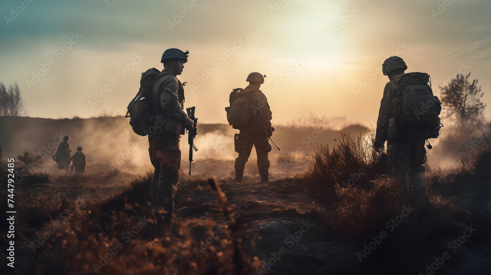 солдати стоять на землі на заході сонця