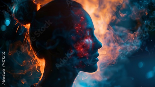 Womans Face Illuminated by Fire