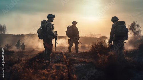 солдати стоять на землі на заході сонця