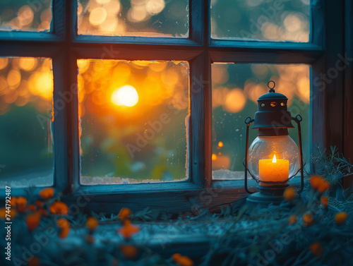 Cozy Lantern by a Frosted Window at Sunset