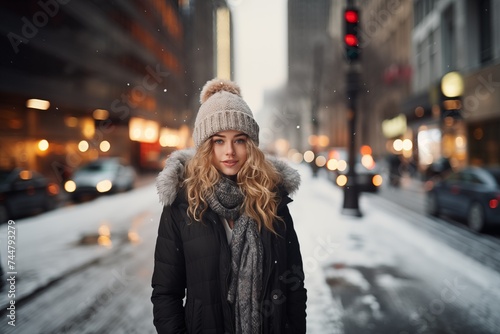 Beautiful woman with cozy winter clothing in city street background