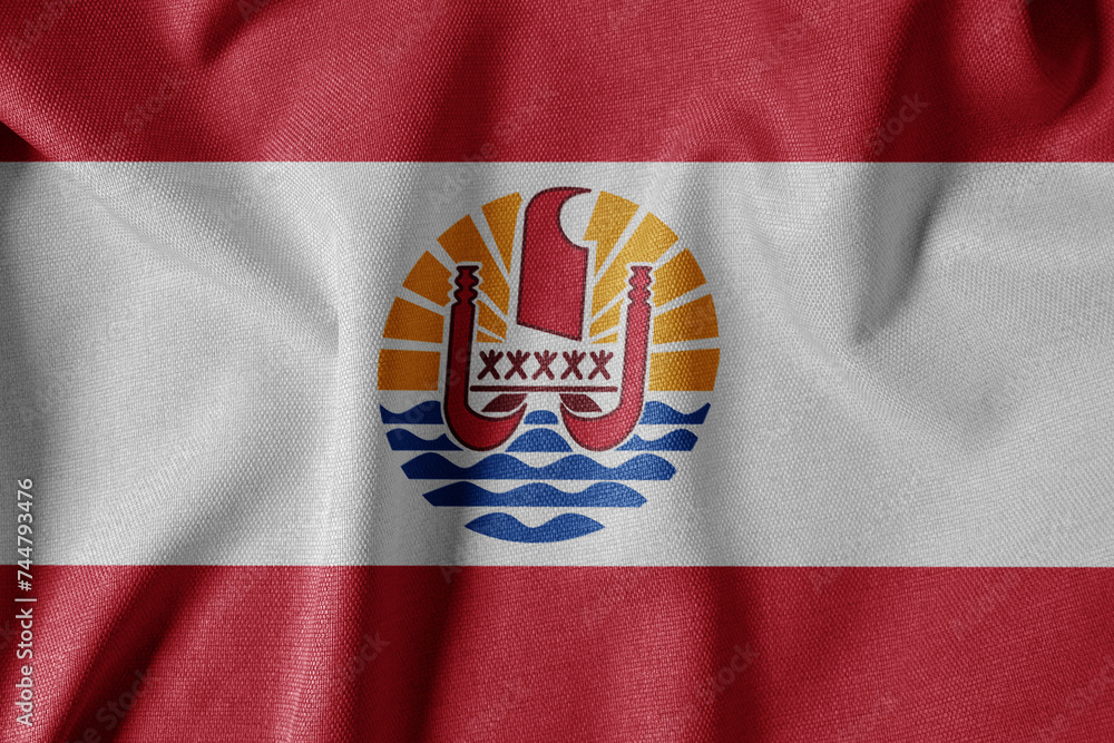 National Flag on Textured Fabric Background. Silk textured flag, realistic wave and flag look. PF  Flag of French Polynesia