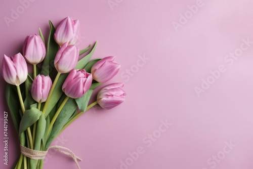 Bouquet of pink tulips in pink background with copy space © raquel