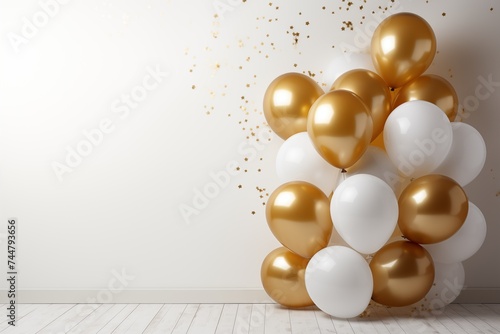 Golden and white balloons on white wall with copy space