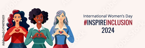  International Women's Day March 8, 2024.Horizontal design with young women of different nationalities and races showing a heart sign with their hands. Vector design for poster, banner, social media