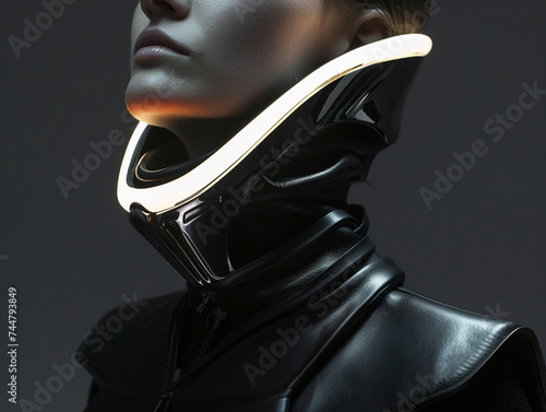 A futuristic collar with a built in environmental shield protecting its wearer from the elements with a shimmering force field photo