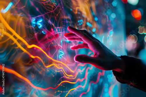 A hand reaching through a neon gravity field blurring the lines between human touch and abstract concepts