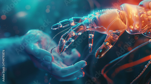 A jelly robot hand reaching out to a human symbolizing the blending of organic and artificial life © pprothien