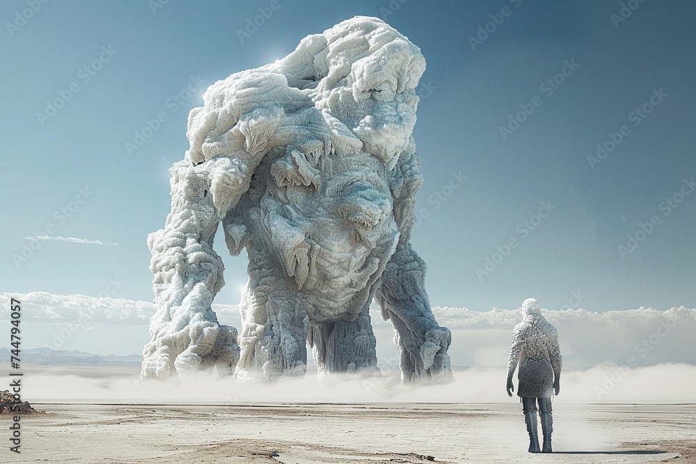 A towering golem crafted from crystalline salt standing guard over a desolate landscape - obrazy, fototapety, plakaty 