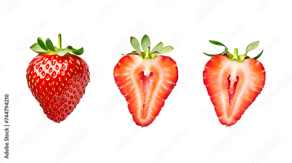 Set of Strawberries isolated. Strawberry whole and a half on Transparent Background. Ai generated Set of Strawberries isolated. Strawberry whole and a half on Transparent Background. Ai generated