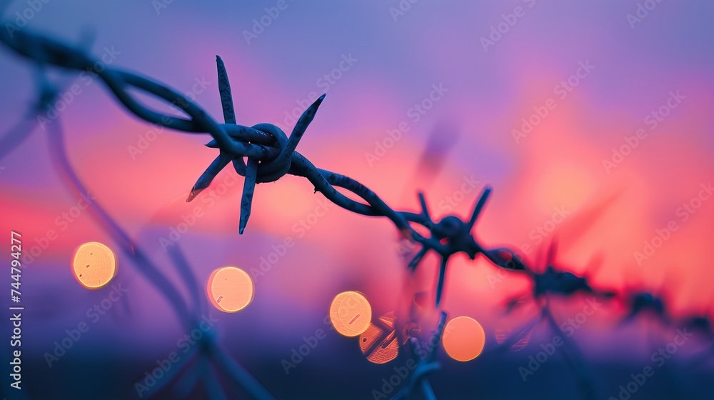 Barbed wire fence macro taken at dusk - obrazy, fototapety, plakaty 