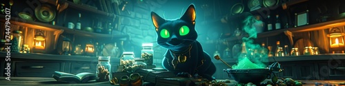 Mystical Black Cat with Green Eyes Overlooking a Fantasy Cityscape at Night Under a Glowing Moon