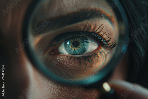 Close up on a detectives eye scrutinizing clues through a magnifying glass embodying focus and discovery