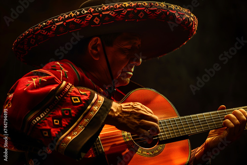 Happy Mexican guitarist wearing a colorful embroidered sombrero hat while energetically playing acoustic guitar highlighted against a black photo background photo