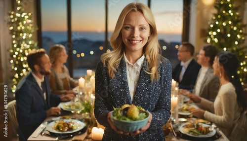 A young woman warmly welcomes guests to her dinner party, embodying candid hospitality