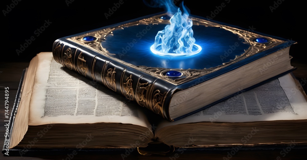 A magical book rests on a dark shelf, a vibrant blue essence spiraling upwards, creating a contrast with the ambient candle flames. Its ancient bindings suggest a trove of knowledge from bygone eras. - obrazy, fototapety, plakaty 