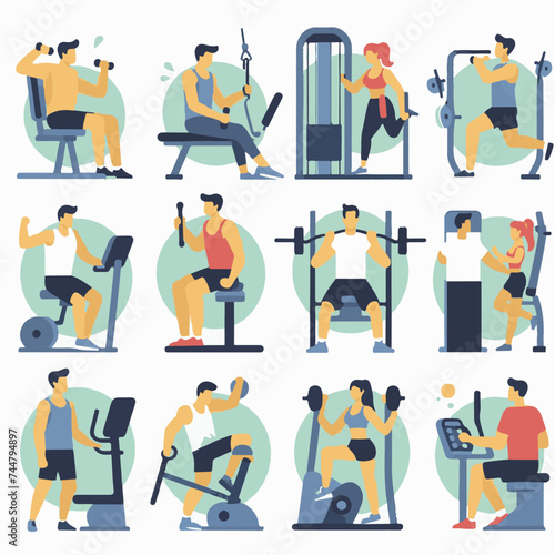 Fitness and healthy lifestyle flat icons set with people working out and exercising isolated vector illustration © Serjio