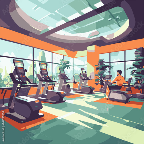 Treadmill gym interior. Vector illustration in flat cartoon style.