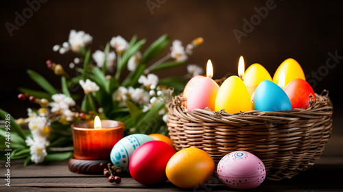 Easter eggs in a basket with candles and flowers on wooden background. Greeting card on an Easter theme. Happy Easter concept.