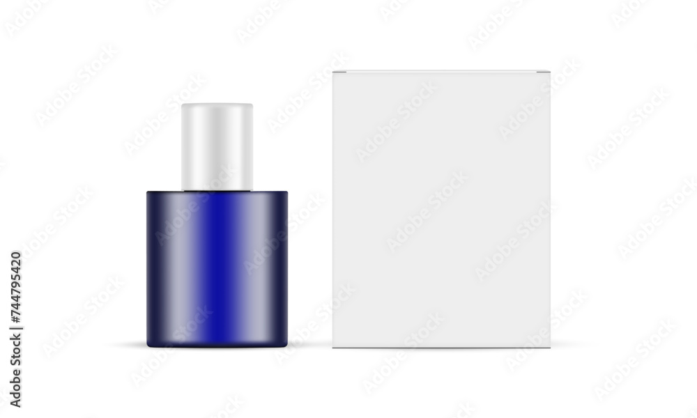 Small Blue Cosmetic Bottle Mockup With Packaging Box, Isolated On White Background. Vector Illustration