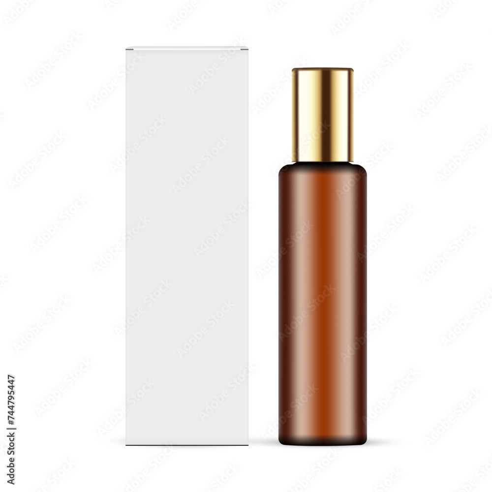 Tall Amber Cosmetic Bottle With Golden Lid, Packaging Box, Isolated On White Background. Vector Illustration Tall Amber Cosmetic Bottle With Golden Lid, Packaging Box, Isolated On White Background. Vector Illustration