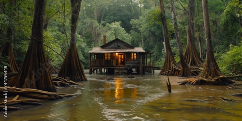Secluded Cabin on Stilts in a Serene Bayou  Glowing Warmly Amidst the Tranquil Swamp Waters
