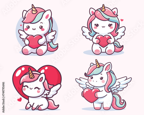 Cute baby unicorn cartoon holding heart, vector illustration