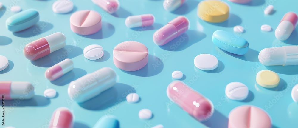 Vibrant Pills and Capsules on Turquoise Backdrop. A creative display of various pills and medical capsules in pastel colors arranged on a turquoise background. - obrazy, fototapety, plakaty 